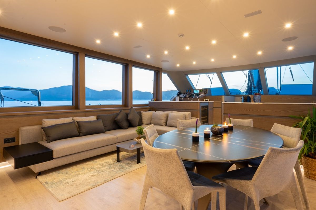 Salon of Good Life, a Gulet Custom built 183 yacht at Athens, Athens Marina, Greece