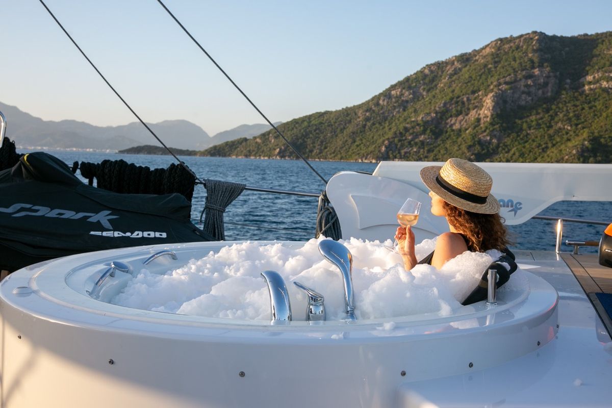 Deck of Good Life, a Gulet Custom built 183 yacht at Athens, Athens Marina, Greece
