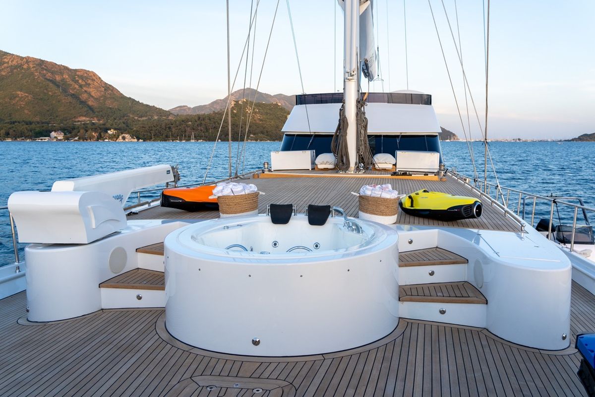 Deck of Good Life, a Gulet Custom built 183 yacht at Athens, Athens Marina, Greece