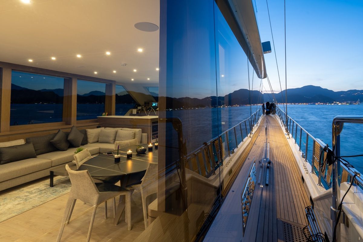 Salon of Good Life, a Gulet Custom built 183 yacht at Athens, Athens Marina, Greece