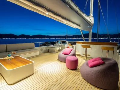 Cockpit of Good Life, a Gulet Custom built 183 yacht at Athens, Athens Marina, Greece