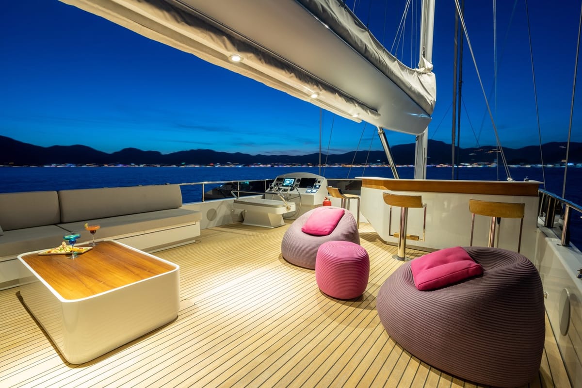 Cockpit of Good Life, a Gulet Custom built 183 yacht at Athens, Athens Marina, Greece