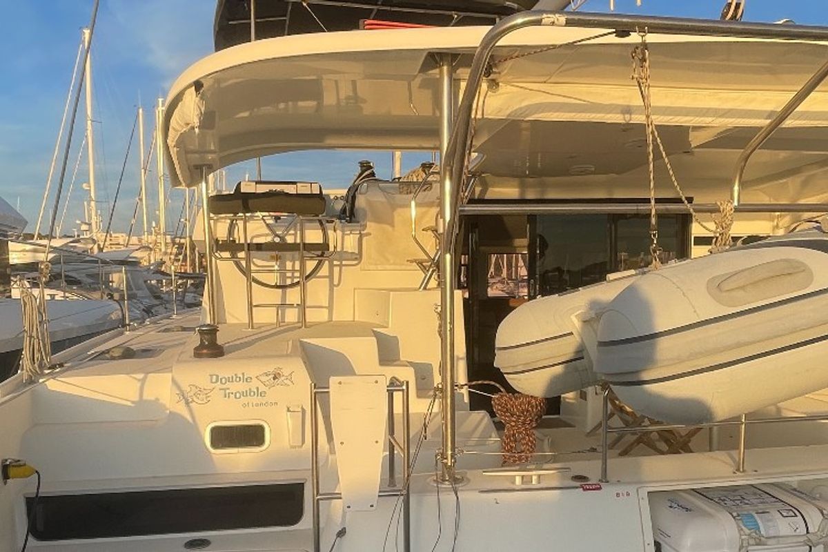 Exterior view of Double Trouble, a Lagoon 42 catamaran at Ventimiglia, Italy