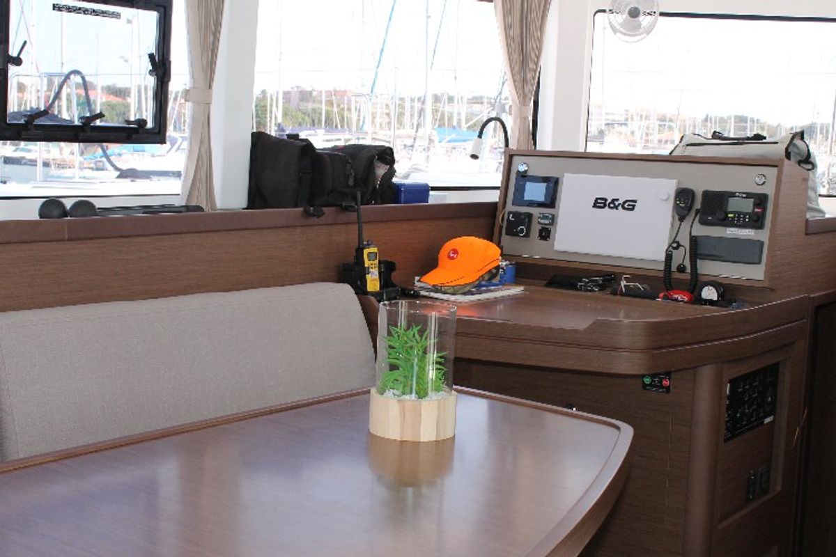 Cockpit of Double Trouble, a Lagoon 42 catamaran at Ventimiglia, Italy