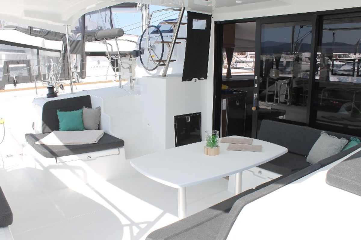 Deck of Double Trouble, a Lagoon 42 catamaran at Ventimiglia, Italy