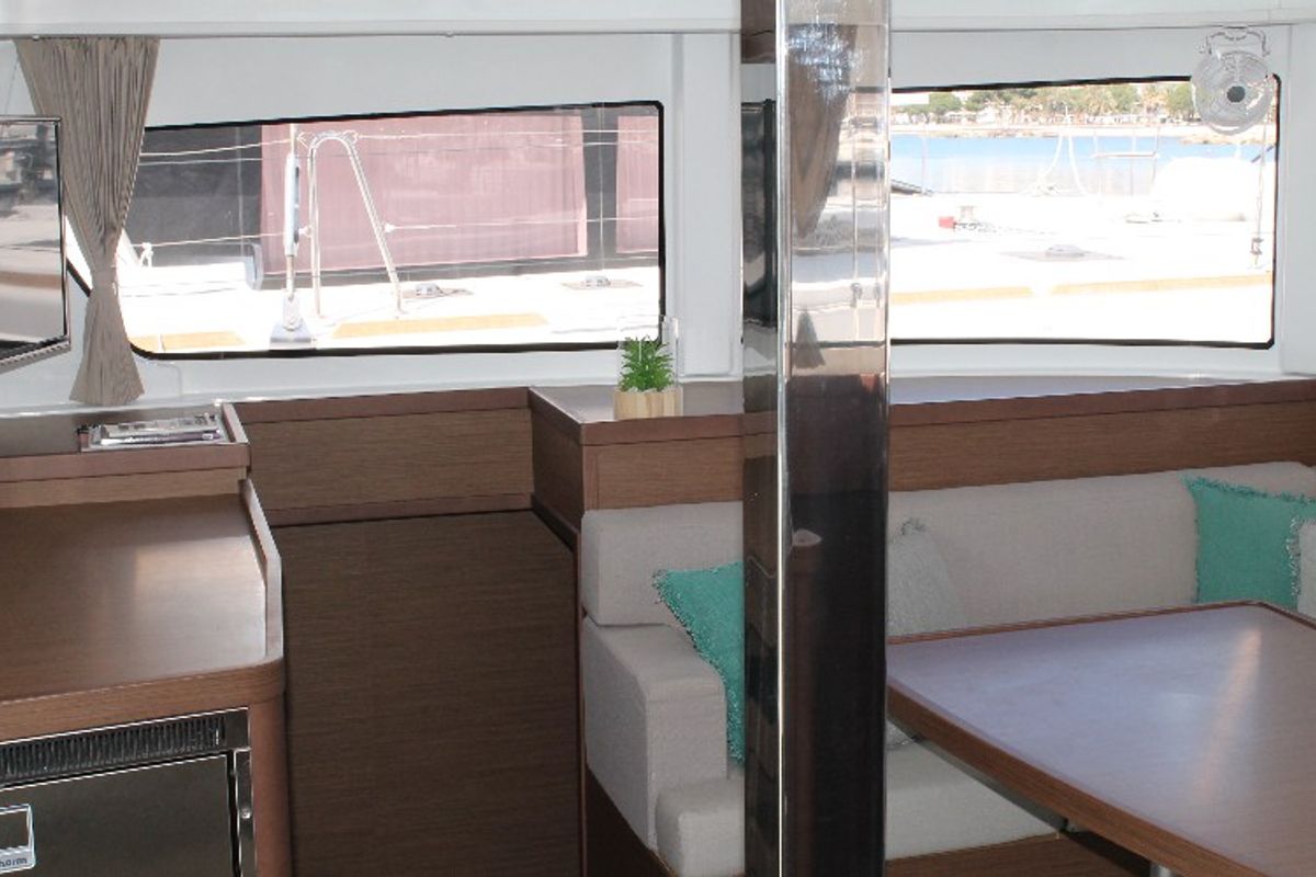 Salon of Double Trouble, a Lagoon 42 catamaran at Ventimiglia, Italy