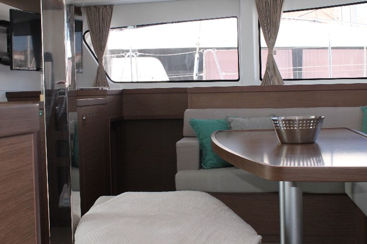 Salon of Double Trouble, a Lagoon 42 catamaran at Ventimiglia, Italy