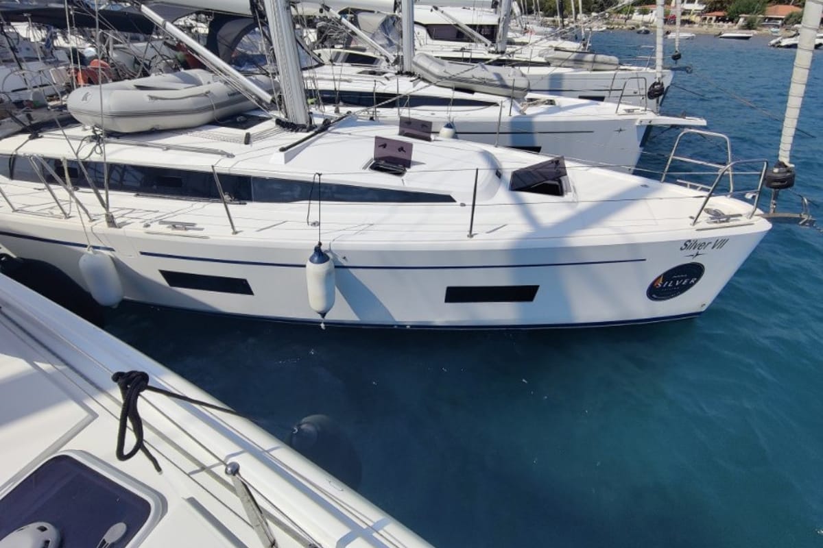 Exterior view of Silver VII, a Bavaria C42 sailboat at Athens, Greece