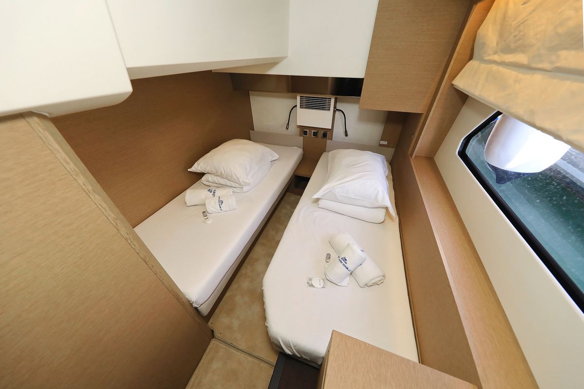Cabin on Ferus, a Jeanneau Prestige 460 Fly yacht at Grad Biograd na Moru, Croatia