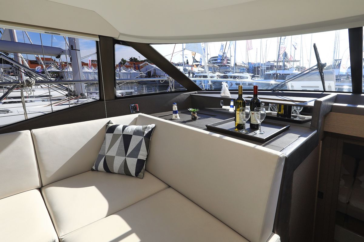 Salon of Ferus, a Jeanneau Prestige 460 Fly yacht at Grad Biograd na Moru, Croatia