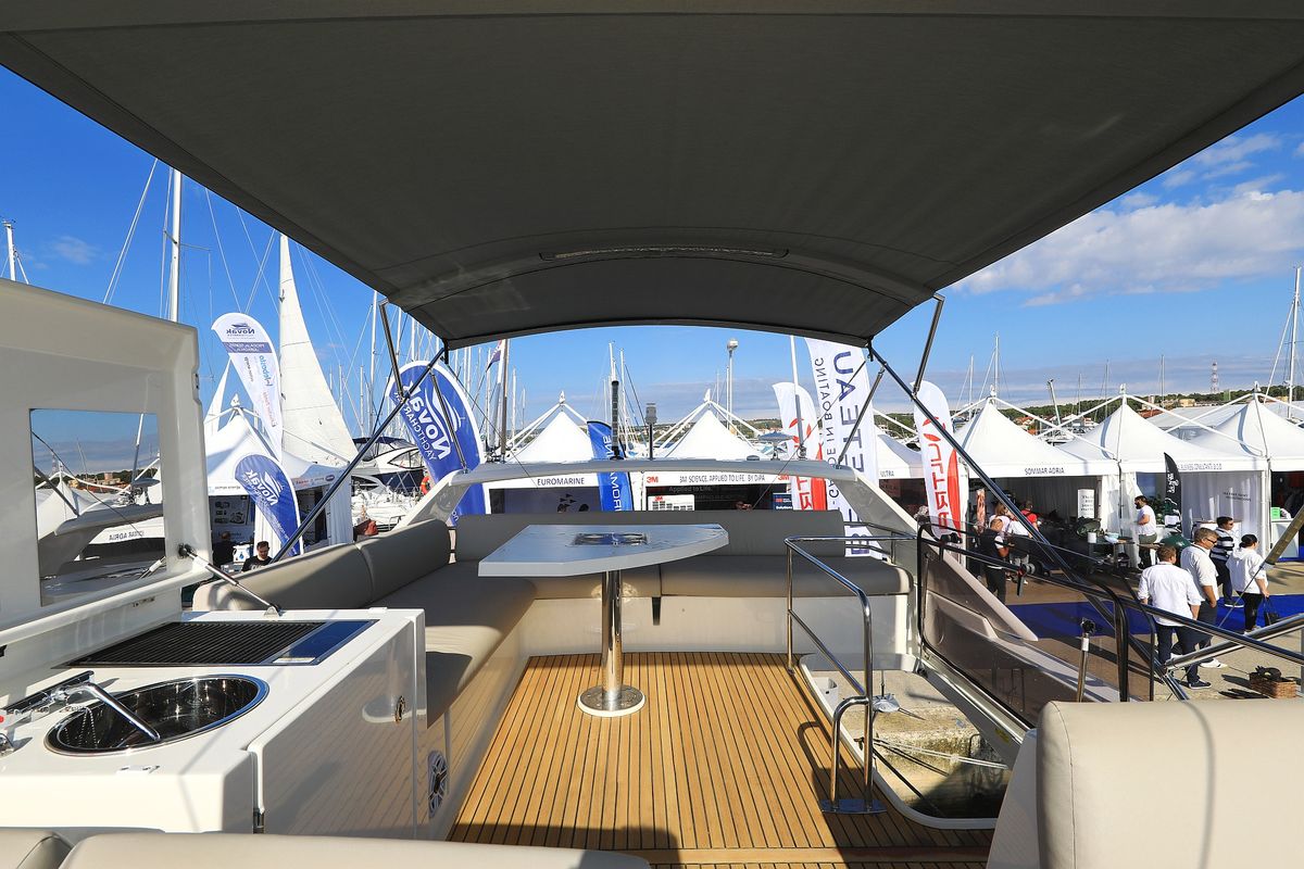 Deck of Ferus, a Jeanneau Prestige 460 Fly yacht at Grad Biograd na Moru, Croatia