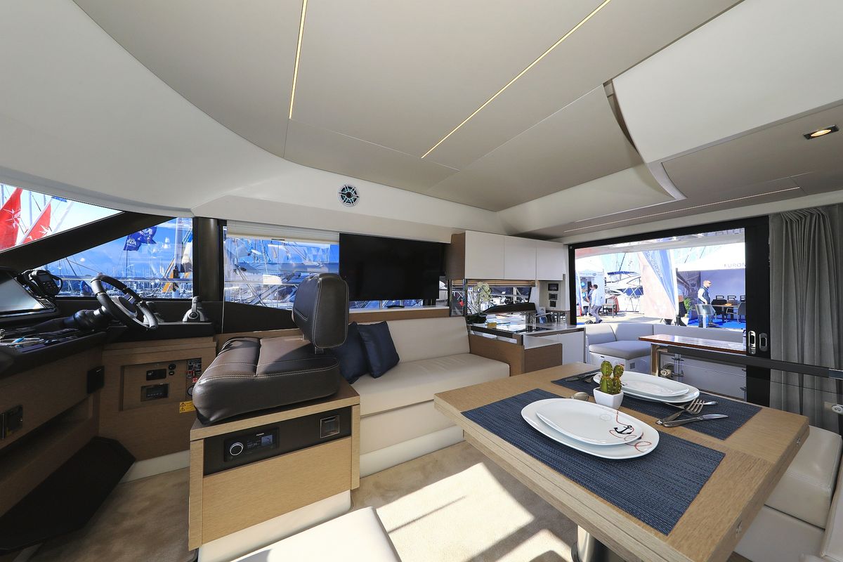 Salon of Ferus, a Jeanneau Prestige 460 Fly yacht at Grad Biograd na Moru, Croatia
