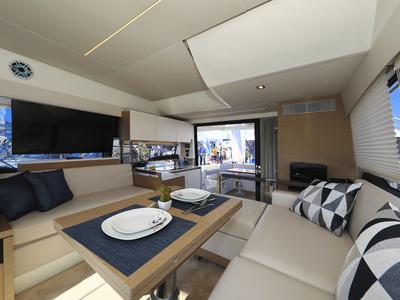 Salon of Ferus, a Jeanneau Prestige 460 Fly yacht at Grad Biograd na Moru, Croatia