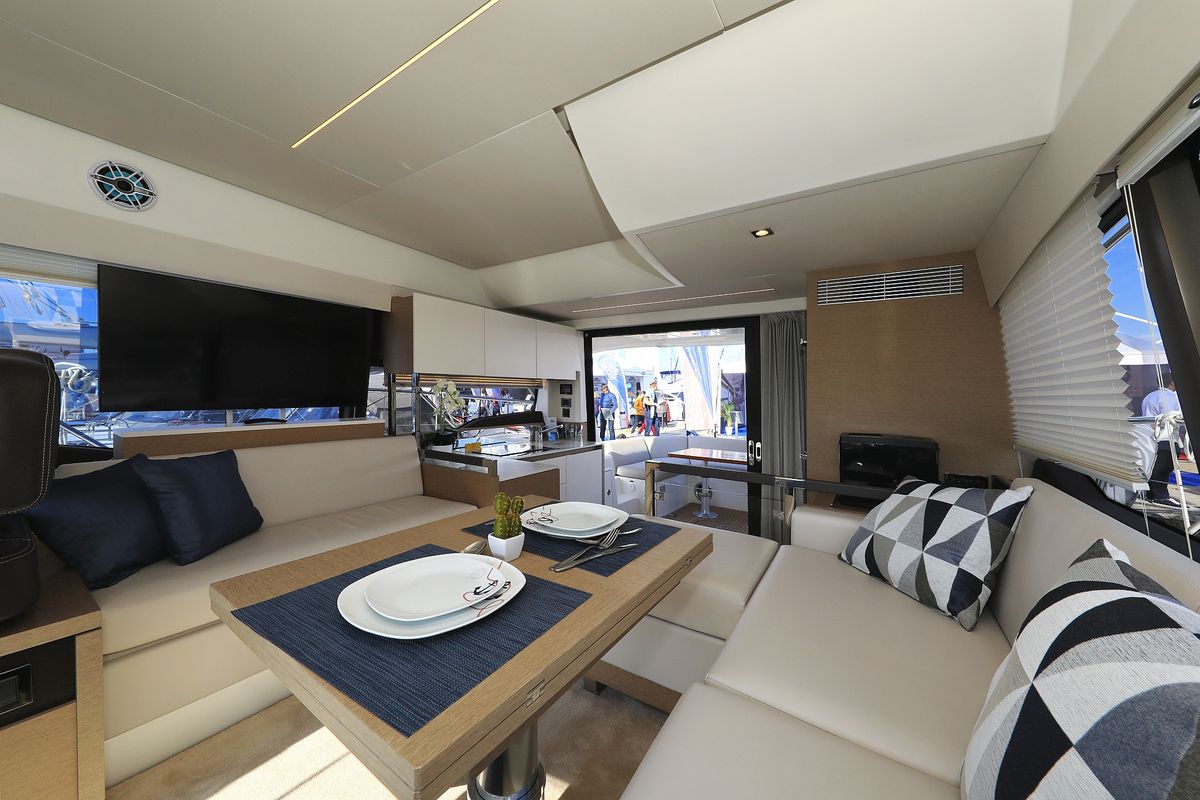 Salon of Ferus, a Jeanneau Prestige 460 Fly yacht at Grad Biograd na Moru, Croatia