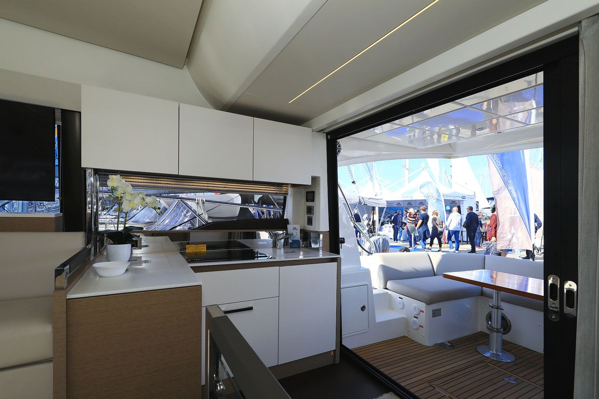 Galley of Ferus, a Jeanneau Prestige 460 Fly yacht at Grad Biograd na Moru, Croatia