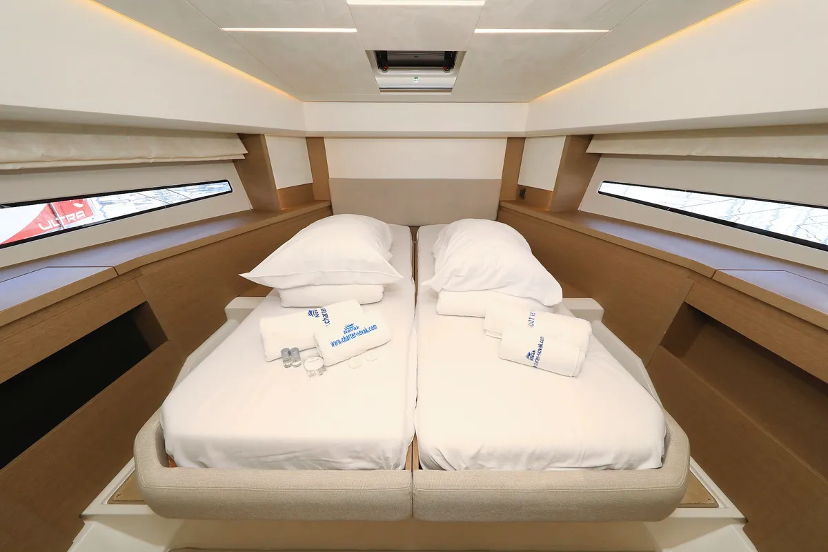 Cabin on Ferus, a Jeanneau Prestige 460 Fly yacht at Grad Biograd na Moru, Croatia