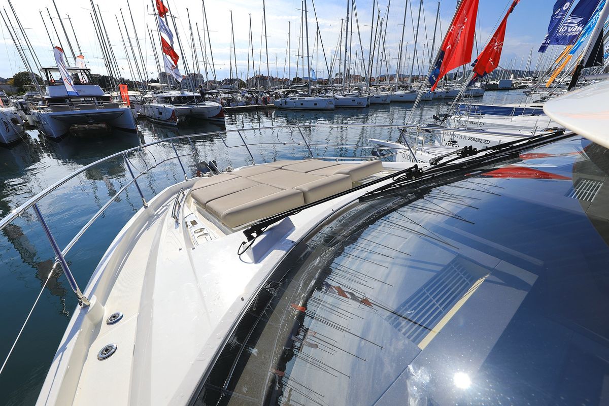 Deck of Ferus, a Jeanneau Prestige 460 Fly yacht at Grad Biograd na Moru, Croatia