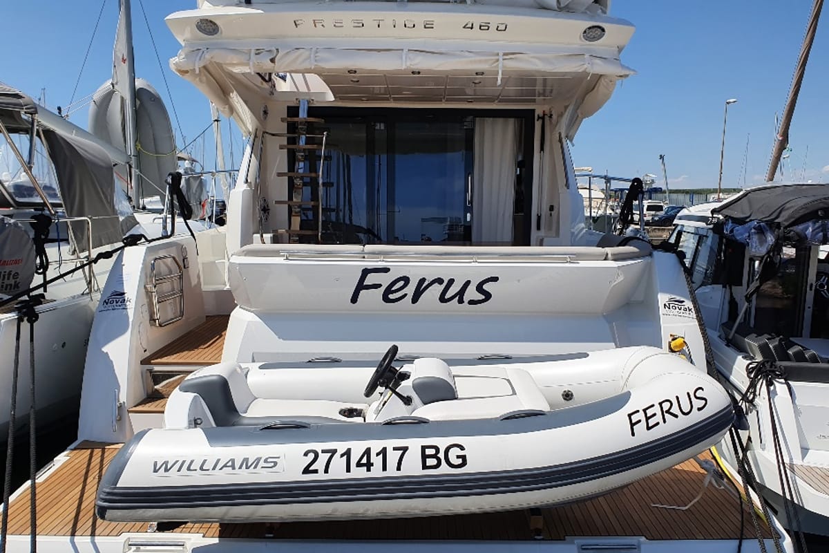 Exterior view of Ferus, a Jeanneau Prestige 460 Fly yacht at Grad Biograd na Moru, Croatia