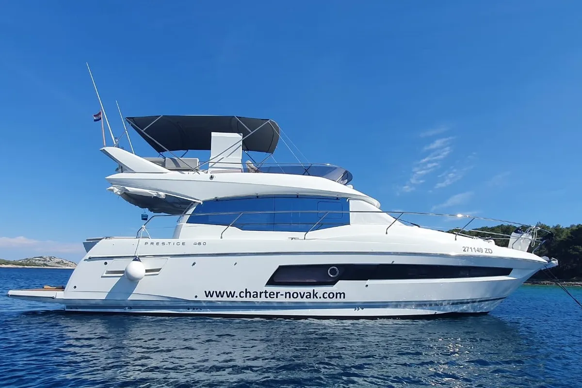 Exterior view of Ferus, a Jeanneau Prestige 460 Fly yacht at Grad Biograd na Moru, Croatia