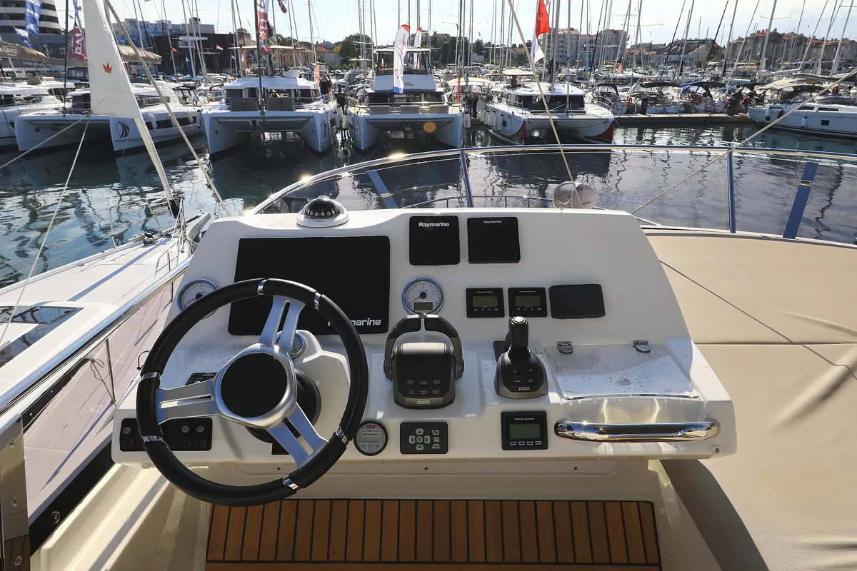 Cockpit of Ferus, a Jeanneau Prestige 460 Fly yacht at Grad Biograd na Moru, Croatia