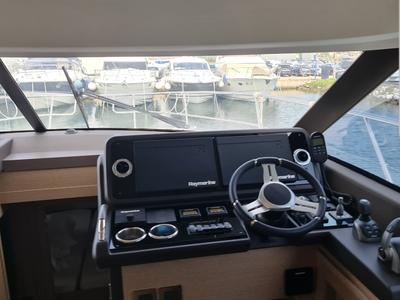 Cockpit of Ferus, a Jeanneau Prestige 460 Fly yacht at Grad Biograd na Moru, Croatia