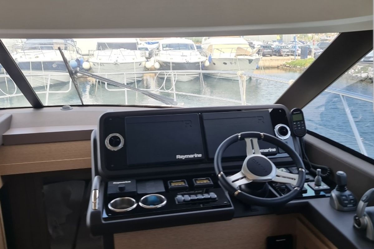 Cockpit of Ferus, a Jeanneau Prestige 460 Fly yacht at Grad Biograd na Moru, Croatia