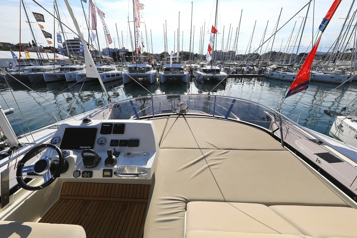 Deck of Ferus, a Jeanneau Prestige 460 Fly yacht at Grad Biograd na Moru, Croatia