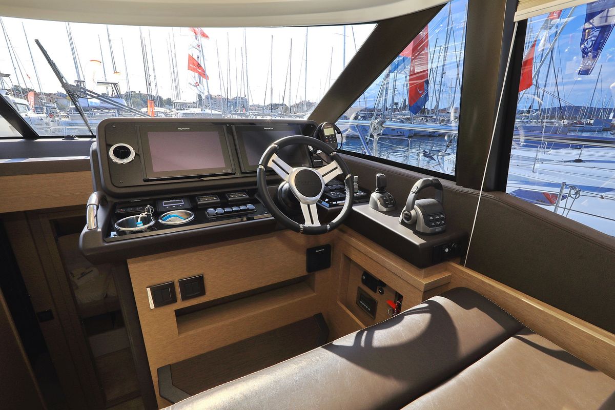 Cockpit of Ferus, a Jeanneau Prestige 460 Fly yacht at Grad Biograd na Moru, Croatia