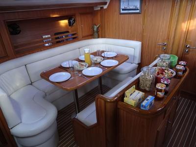 Salon of Blue marlin (en suite twin cabin 3), a Ocean Star 51.1 sailboat at Mykonos, Greece