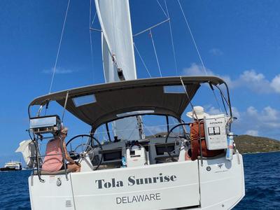 Cockpit of Tola Sunrise, a Jeanneau Sun Odyssey 410 sailboat at Road Town, British Virgin Islands