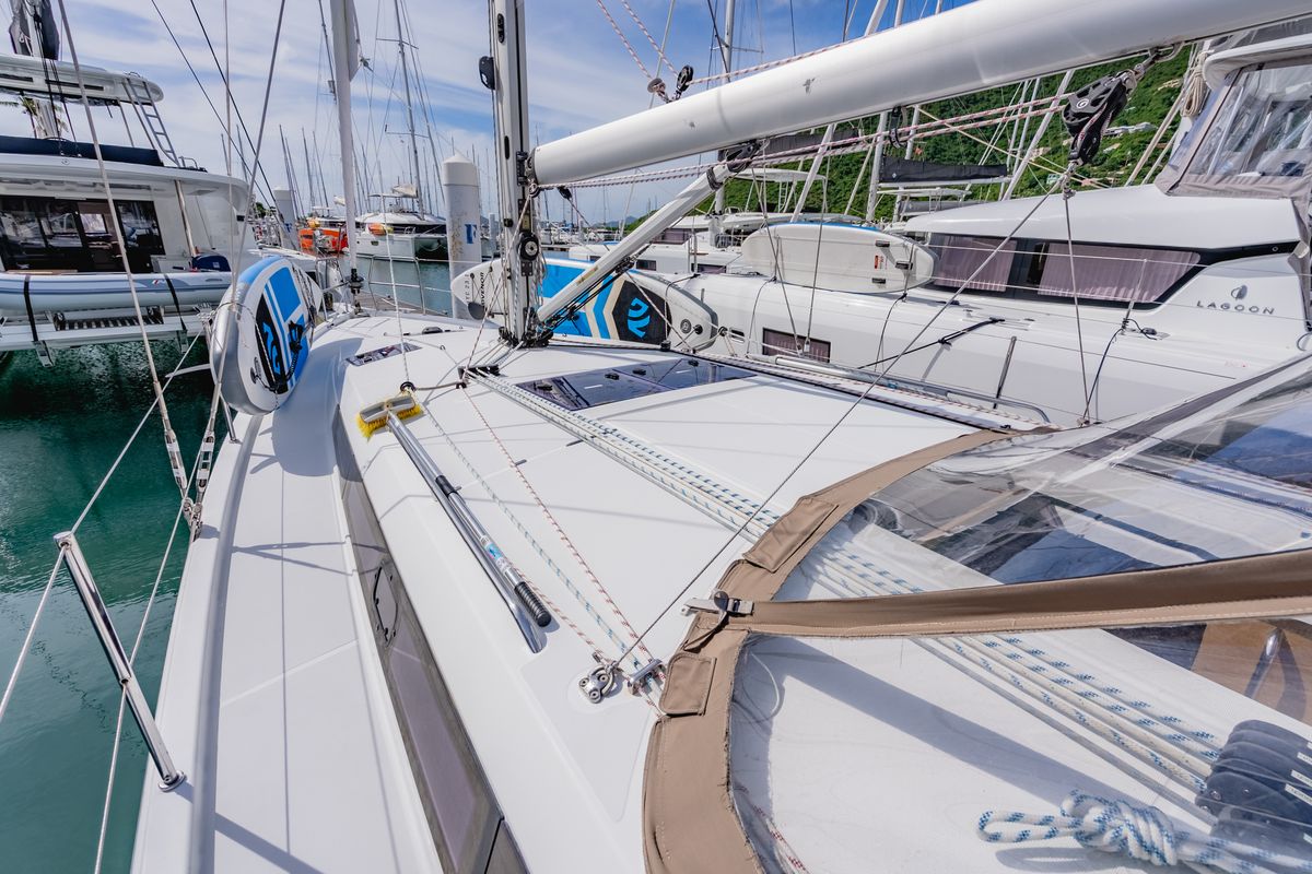 Deck of Tola Sunrise, a Jeanneau Sun Odyssey 410 sailboat at Road Town, British Virgin Islands