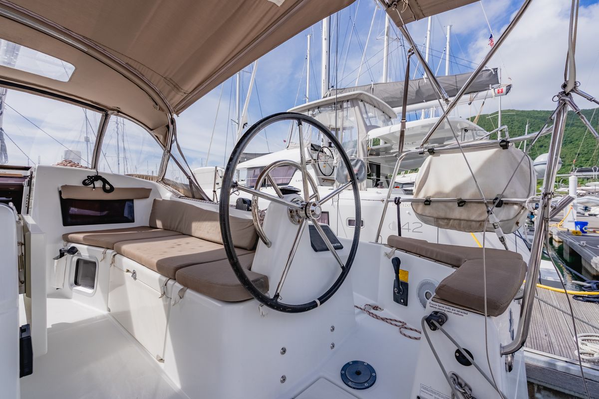 Cockpit of Tola Sunrise, a Jeanneau Sun Odyssey 410 sailboat at Road Town, British Virgin Islands