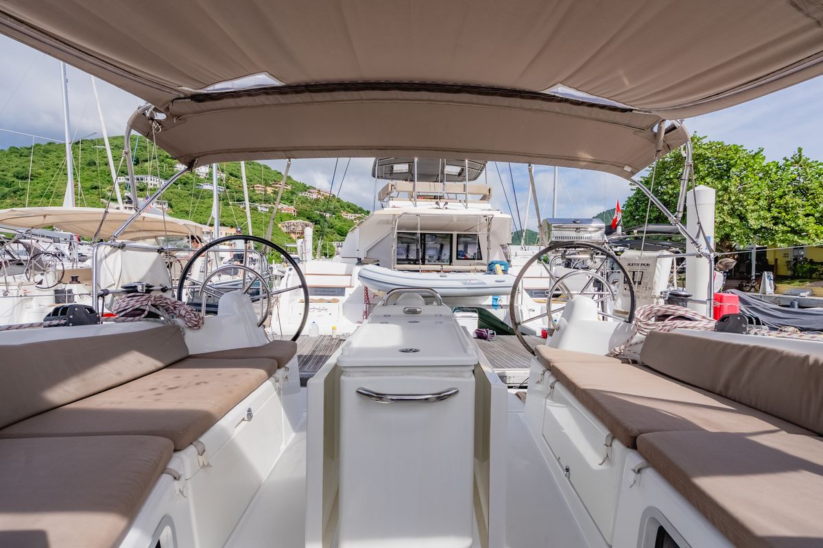 Cockpit of Tola Sunrise, a Jeanneau Sun Odyssey 410 sailboat at Road Town, British Virgin Islands