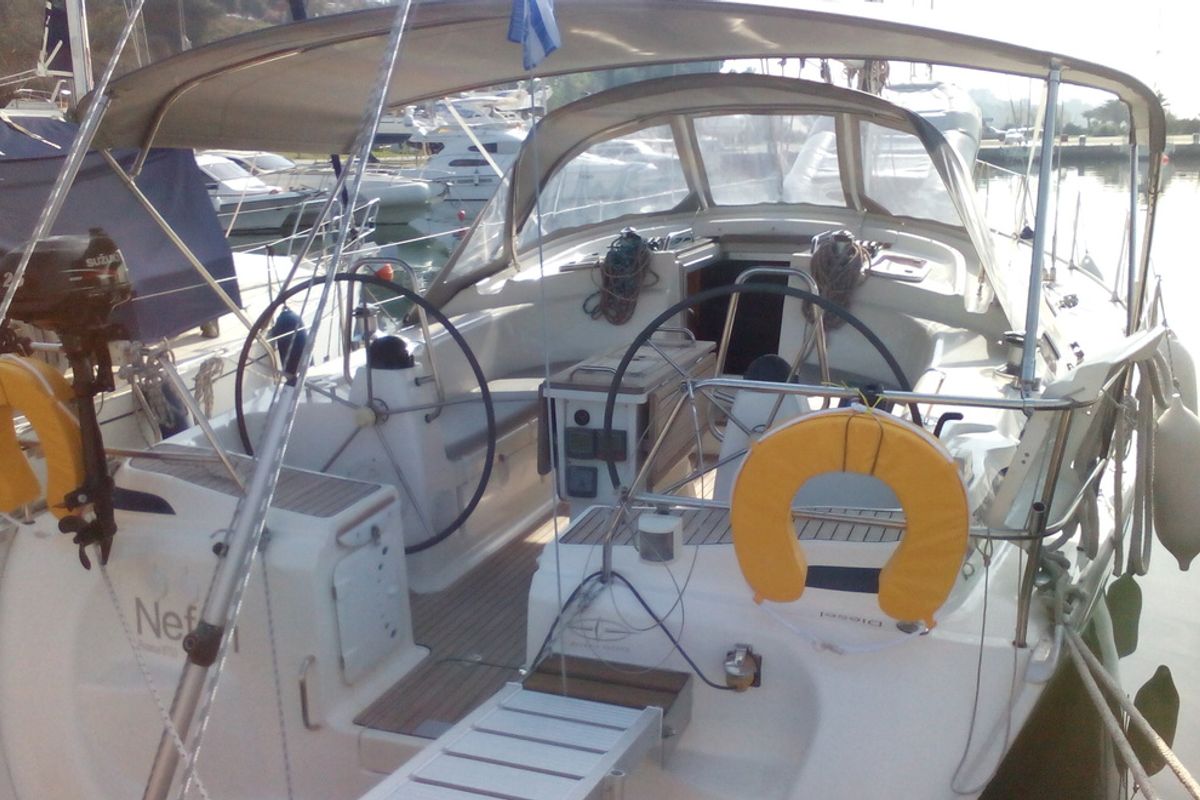 Cockpit of Nefeli, a Bavaria 42 Cruiser sailboat at Skiathos, Greece