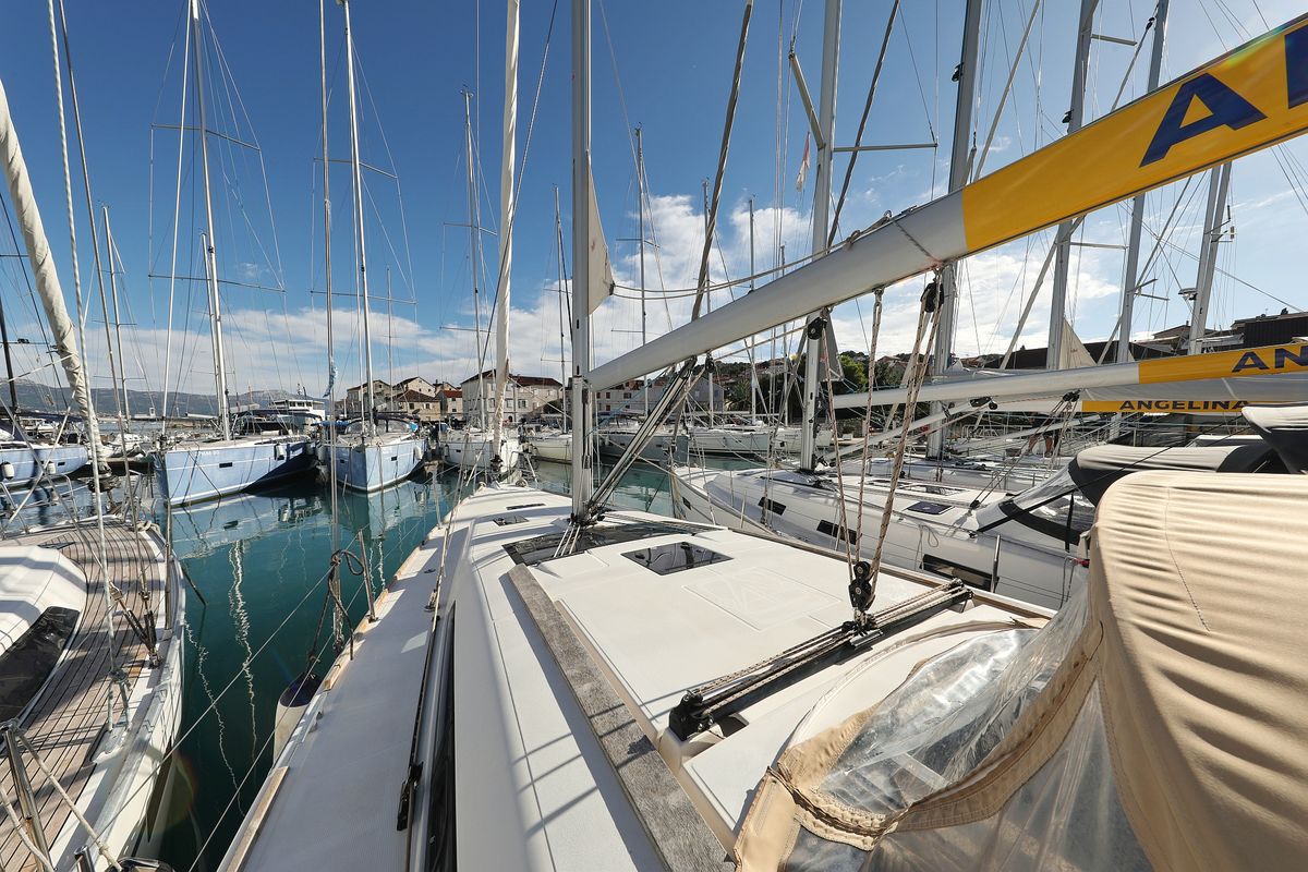 Deck of Alabama, a Dufour 412 GL sailboat at Grad Biograd na Moru, Croatia