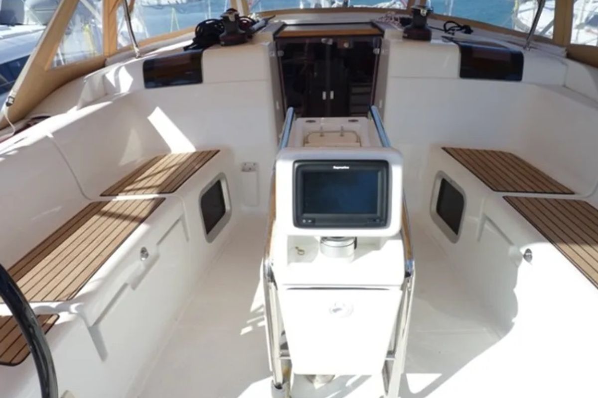Cockpit of Melody, a Jeanneau Sun Odyssey 449 sailboat at Municipal Unit of Lefkada, Greece