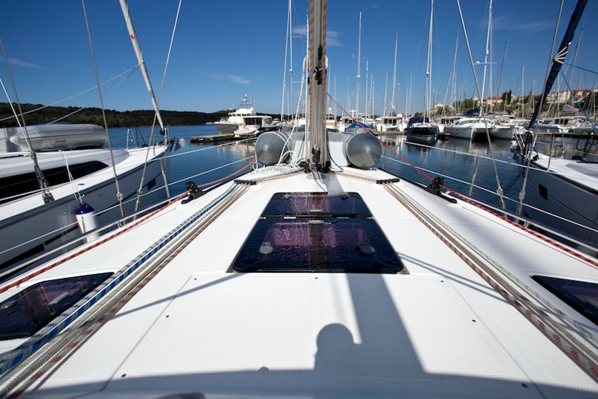 Deck of Astros, a Bavaria Cruiser 41 sailboat at Grad Šibenik, Croatia