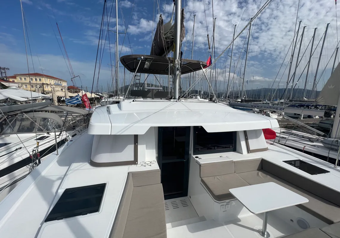 Deck of Blue Diamond, a Bali 4.4 catamaran at Municipal Unit of Lefkada, Greece