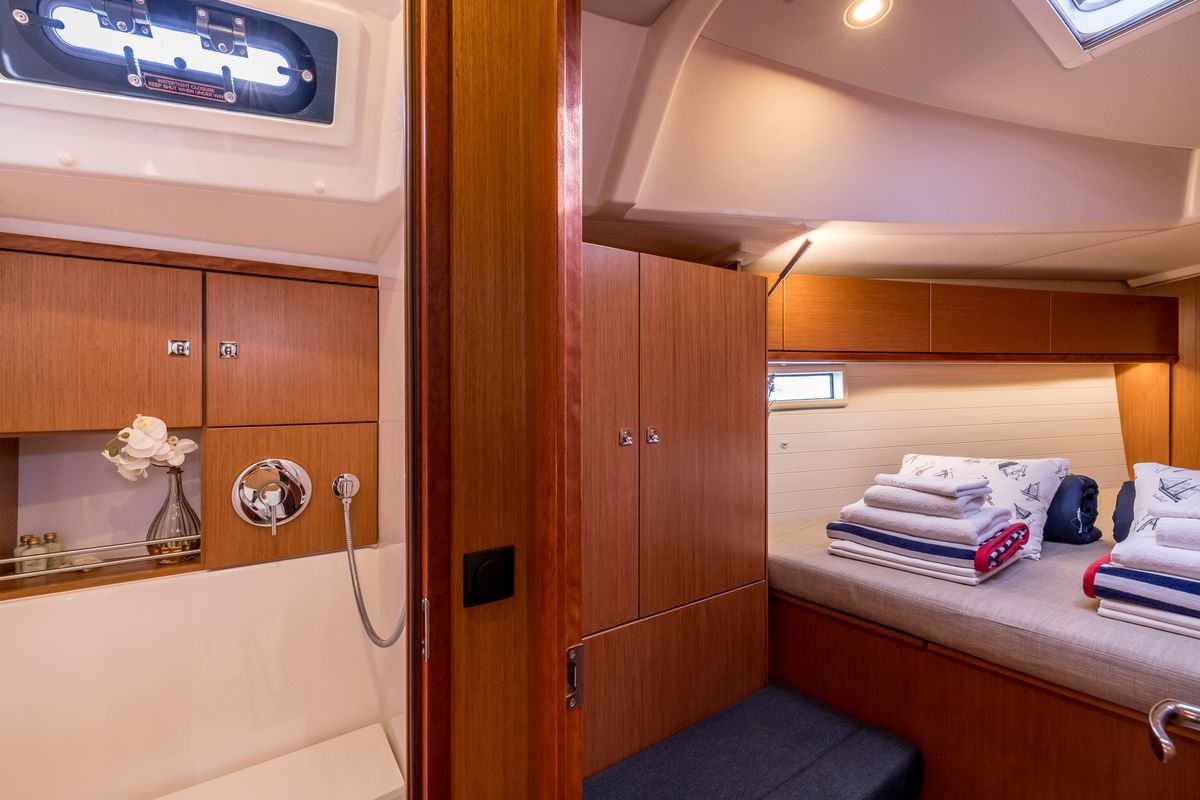 Exterior view of Sea Sparkle, a Bavaria Cruiser 46 sailboat at Split, Croatia