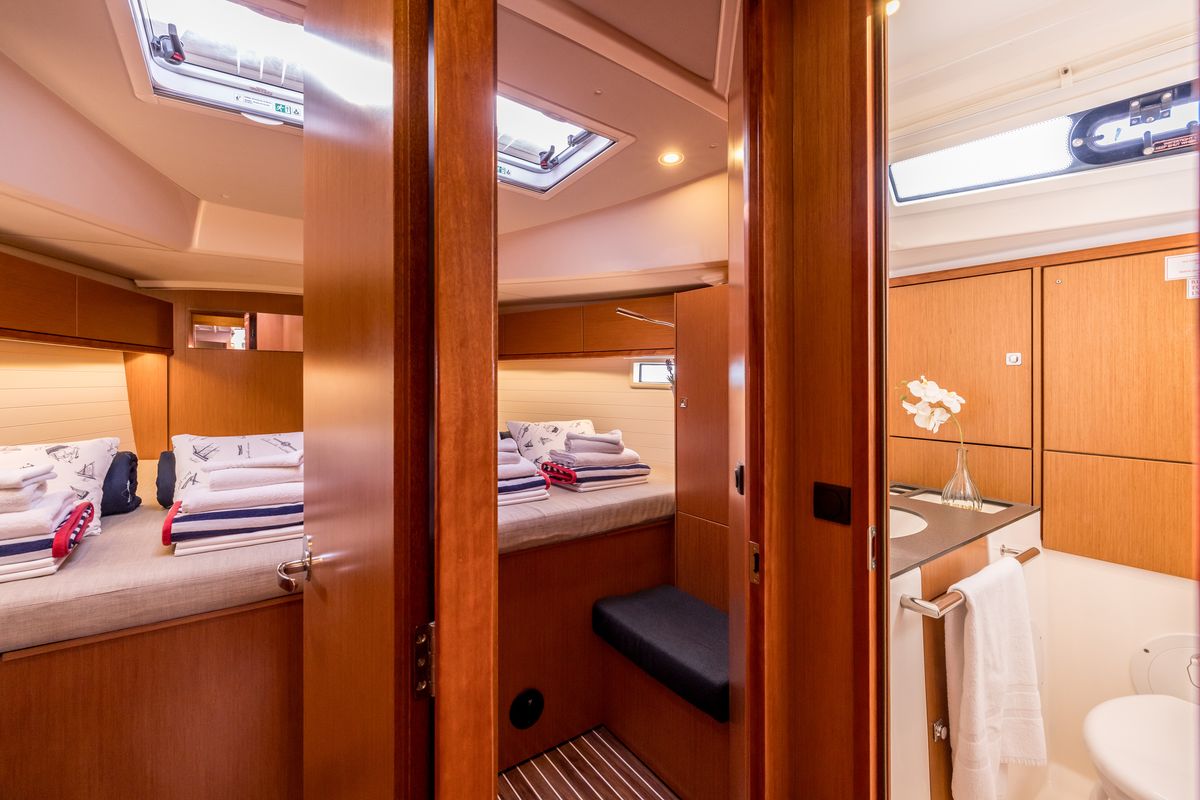 Exterior view of Sea Sparkle, a Bavaria Cruiser 46 sailboat at Split, Croatia