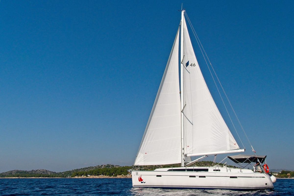Exterior view of MH 85, a Bavaria Cruiser 46 sailboat at Murter, Croatia