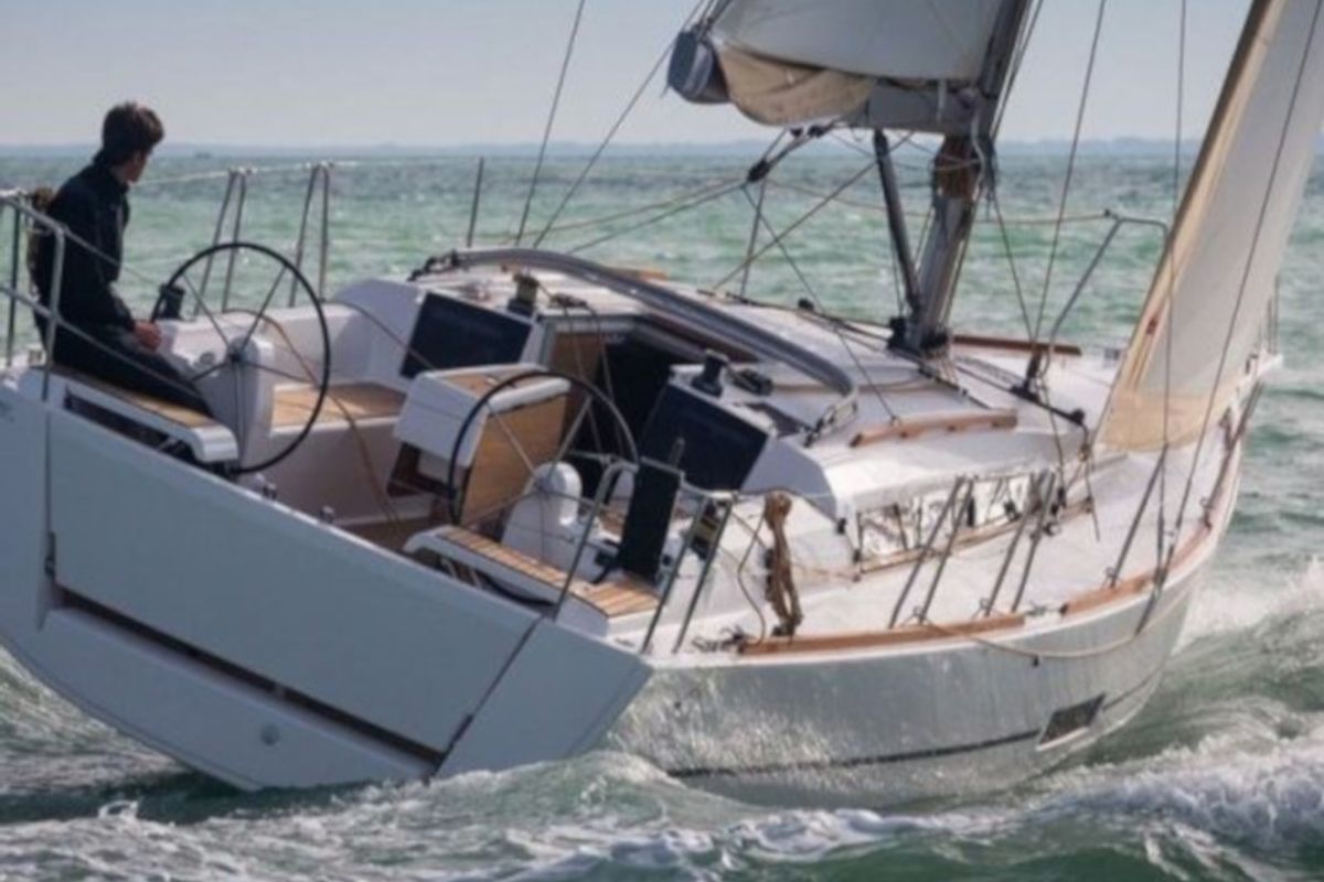 Exterior view of Blue Mares, a Dufour 360 Grand Large sailboat at Sant Antoni de Portmany, Spain