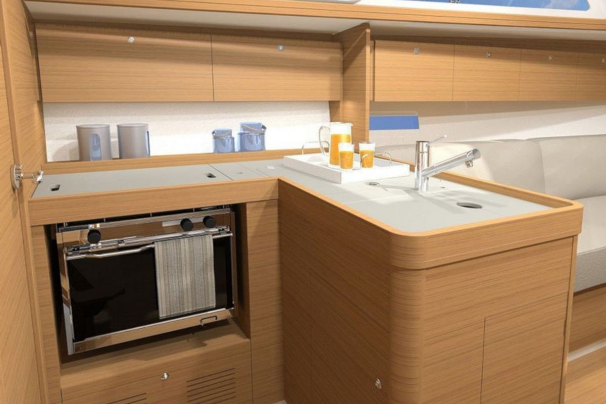 Galley of Blue Mares, a Dufour 360 Grand Large sailboat at Sant Antoni de Portmany, Spain