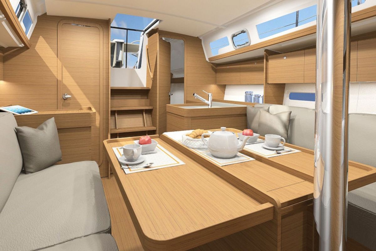 Salon of Blue Mares, a Dufour 360 Grand Large sailboat at Sant Antoni de Portmany, Spain