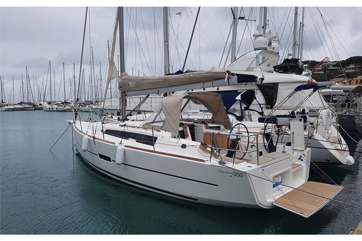 Exterior view of Blue Mares, a Dufour 360 Grand Large sailboat at Sant Antoni de Portmany, Spain