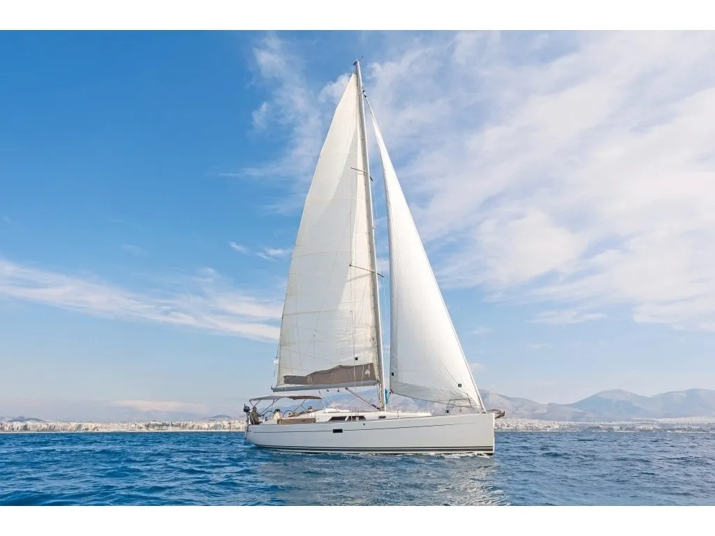 Exterior view of Leonessa, a Hanse Yachts Hanse 430 sailboat at Piraeus, Greece