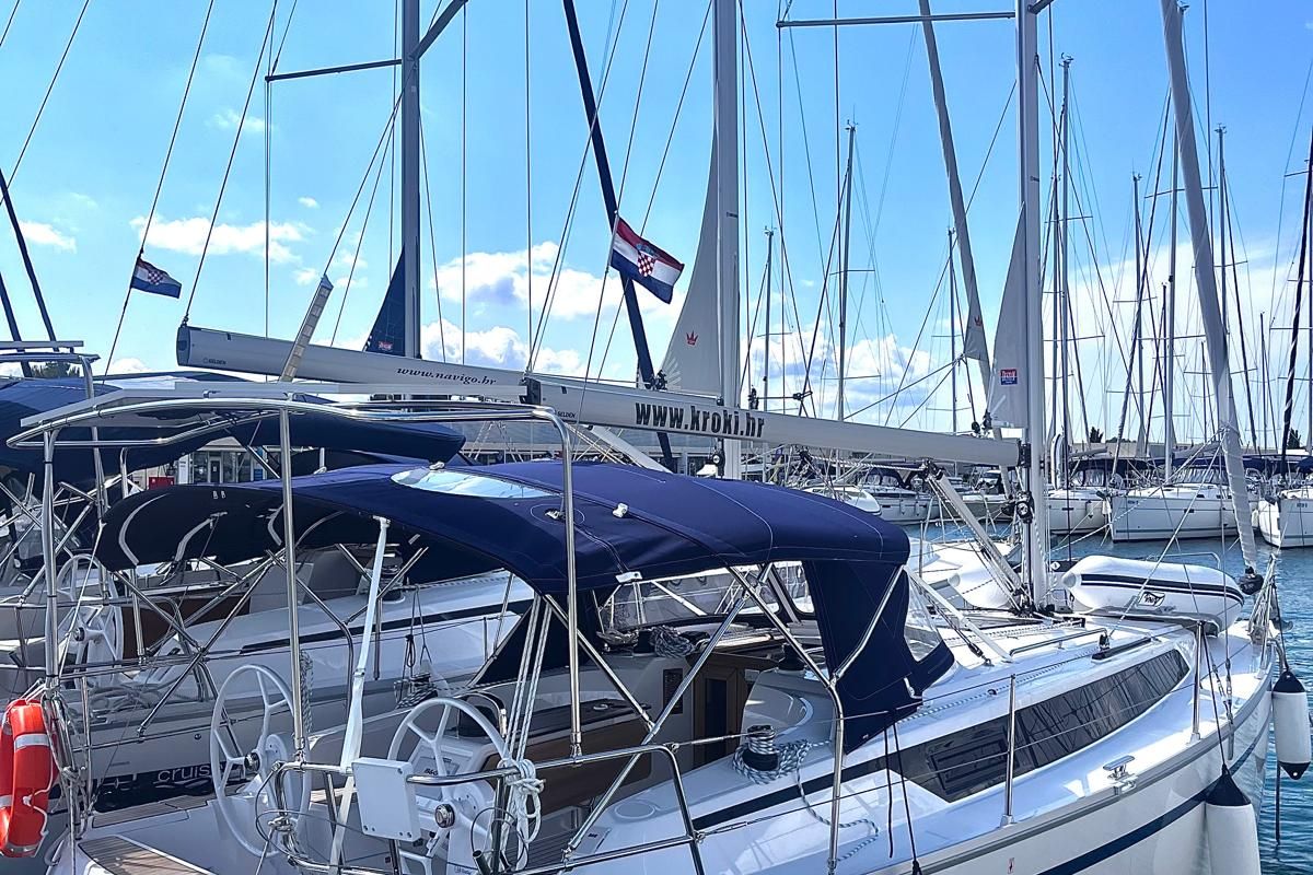 Exterior view of KORA, a Bavaria Cruiser 34 sailboat at Općina Sukošan, Croatia