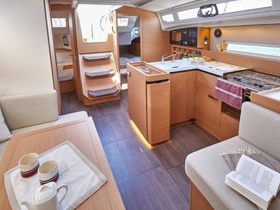 Galley of Sunsail 410 Premium, a Jeanneau Sun Odyssey 410 sailboat at Gouvia, Greece