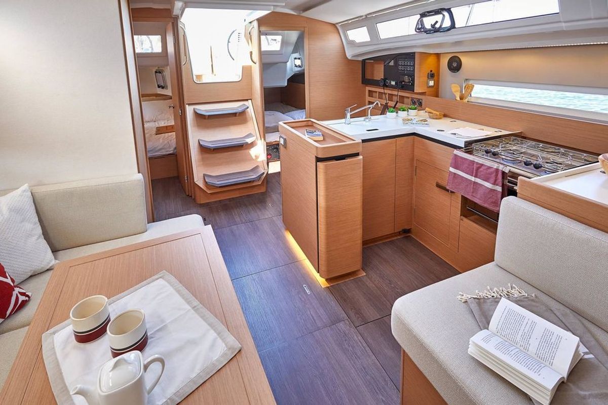 Galley of Sunsail 410 Premium, a Jeanneau Sun Odyssey 410 sailboat at Gouvia, Greece