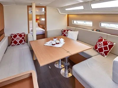 Salon of Sunsail 410 Premium, a Jeanneau Sun Odyssey 410 sailboat at Gouvia, Greece